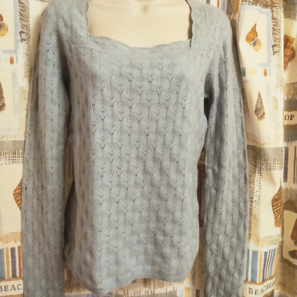 Ann Taylor Light Gray Open-Knit Square Neck Sweater